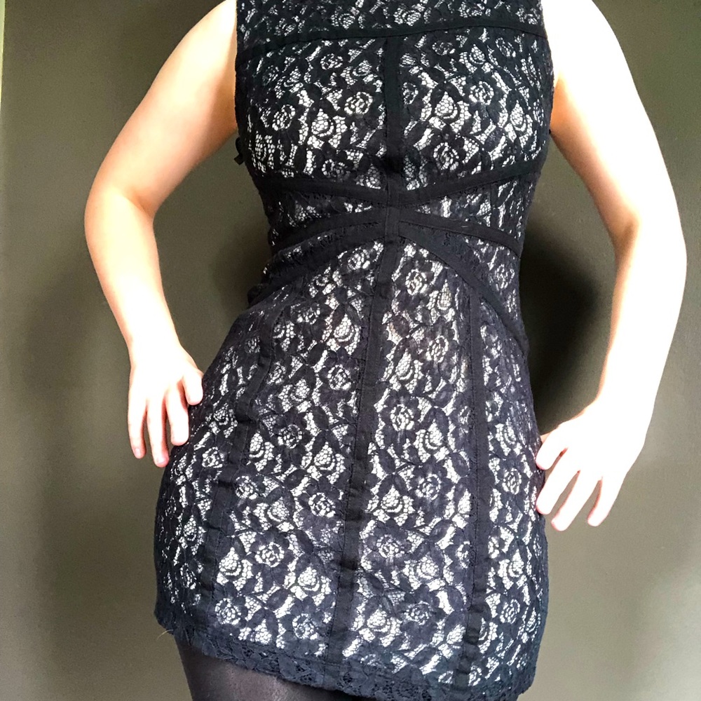 Bisou Bisou mini dress, white with black lace and black accents, size 8